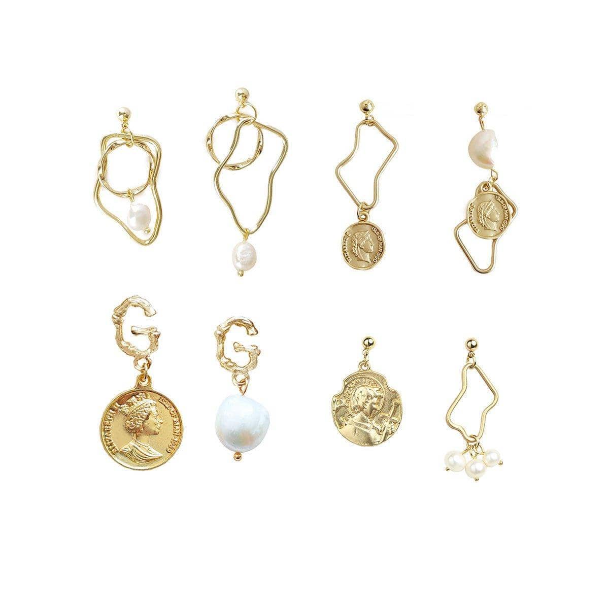 Vintage Baroque Imitation Pearl Earrings - Gold Letter G, Coin and Pearl - view 3