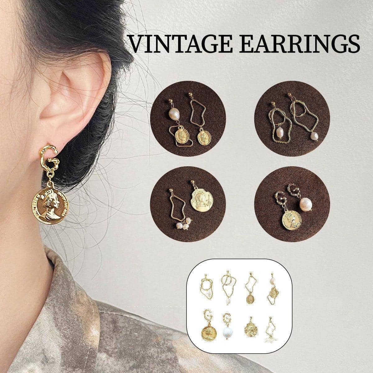 Vintage Baroque Imitation Pearl Earrings - Gold Wavy Frame, Coin and Pearl - view 2