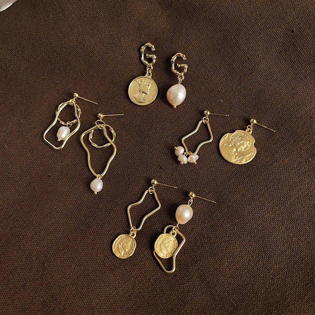 Vintage Baroque Imitation Pearl Earrings - Gold Wavy Frame, Coin and Pearl - view 5