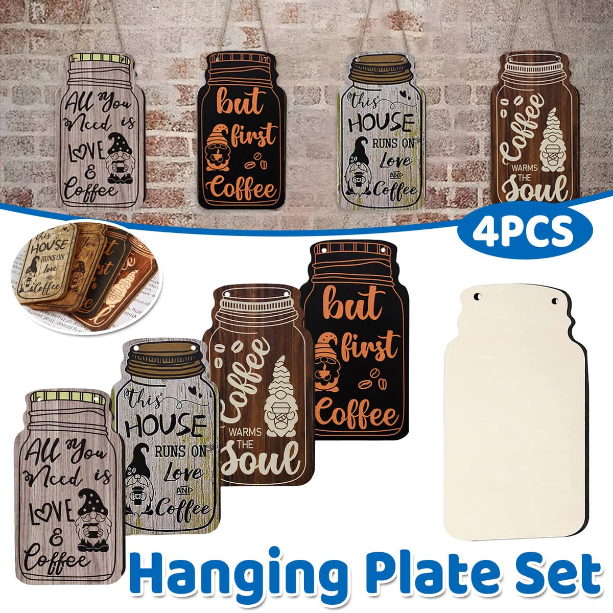 Vintage Coffee Bar Wooden Hanging Wall Signs, Set of 4 for Home