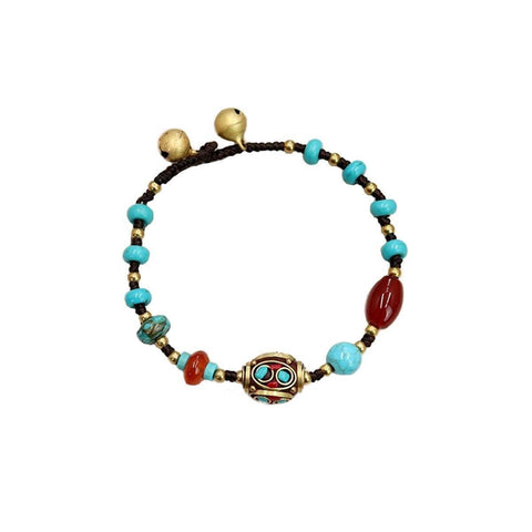 Vintage Ethnic Beaded Bracelet with Bells - Turquoise Beads with Red Oval Bead