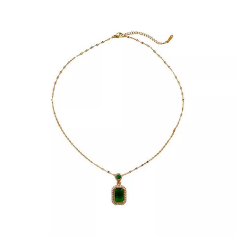 Vintage Green Simulated Emerald Necklace - Gold Tone, Titanium Steel