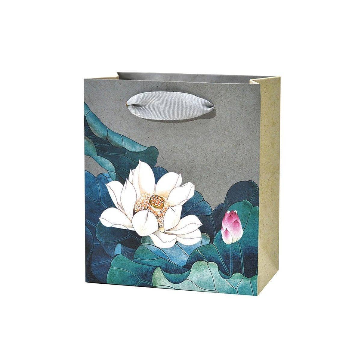 Vintage Lotus Print Paper Gift Bags, Pack of 50 - 13 x 15 x 7 cm