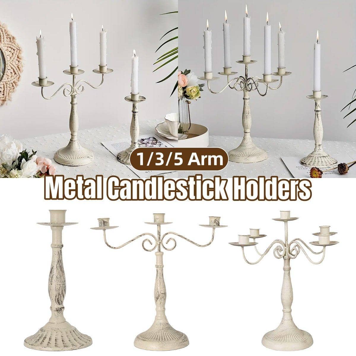 Vintage Metal Candle Holder, 3 Arms - Antique Cream - view 2