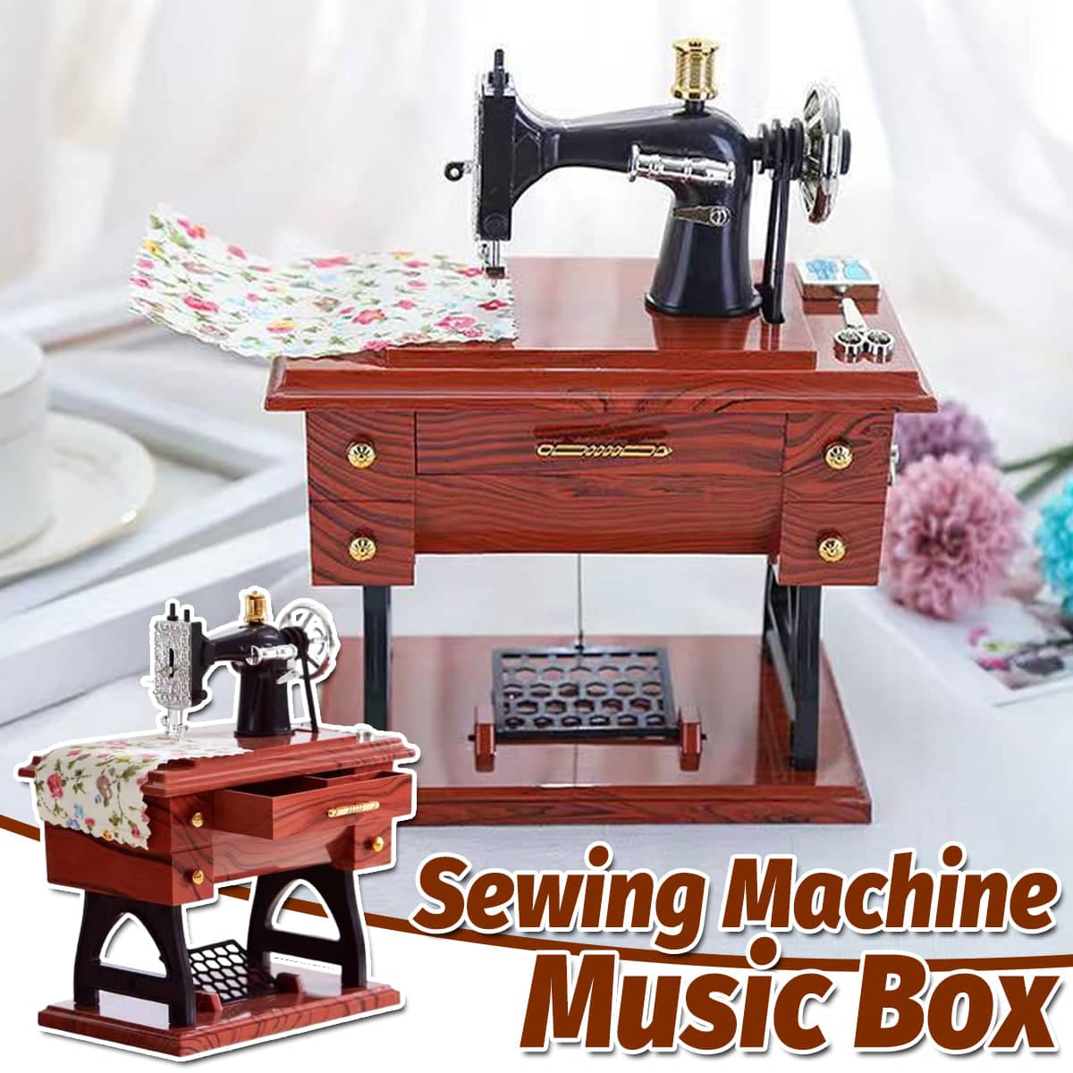 Vintage Sewing Machine Style Wind-Up Music Box, Birthday Gift