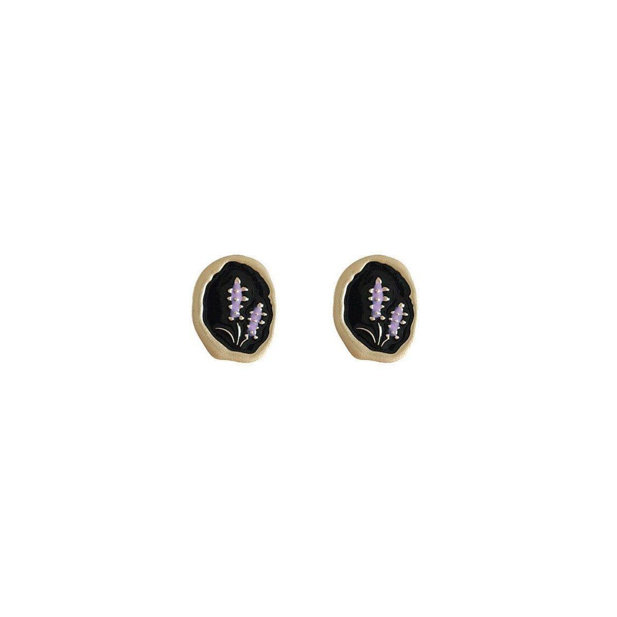Vintage Stud Earrings for Women - Black Oval with Purple Lavender Sprigs