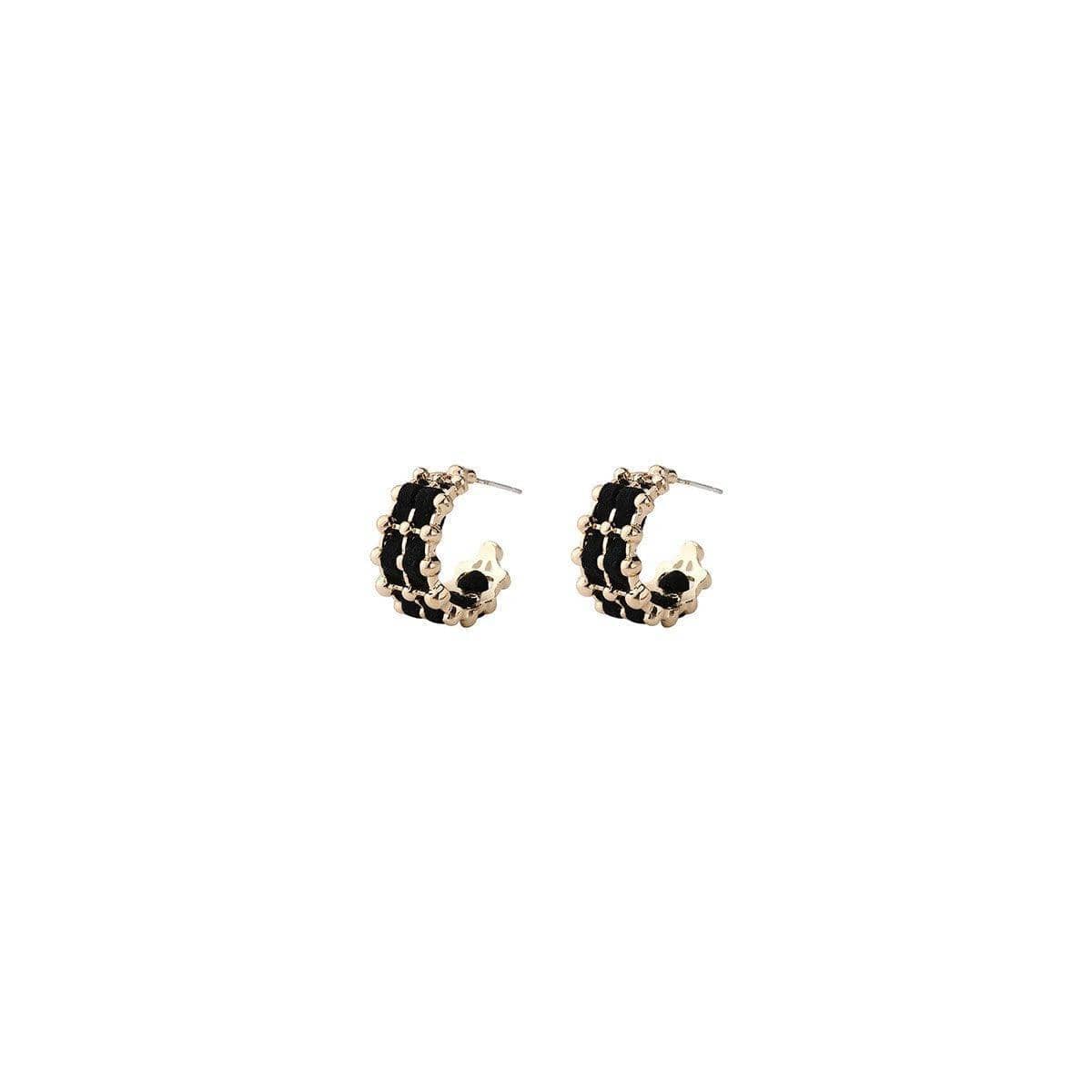 Vintage Stud Earrings for Women - Black Wrapped Gold-Tone Hoop