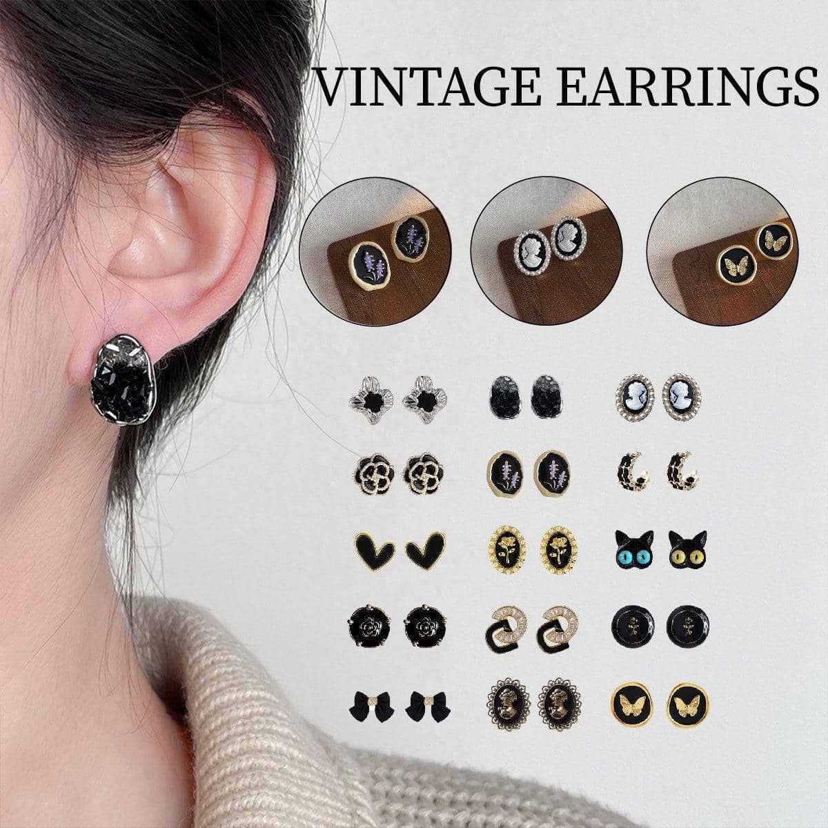 Vintage Stud Earrings for Women - Black Wrapped Gold-Tone Hoop - view 2