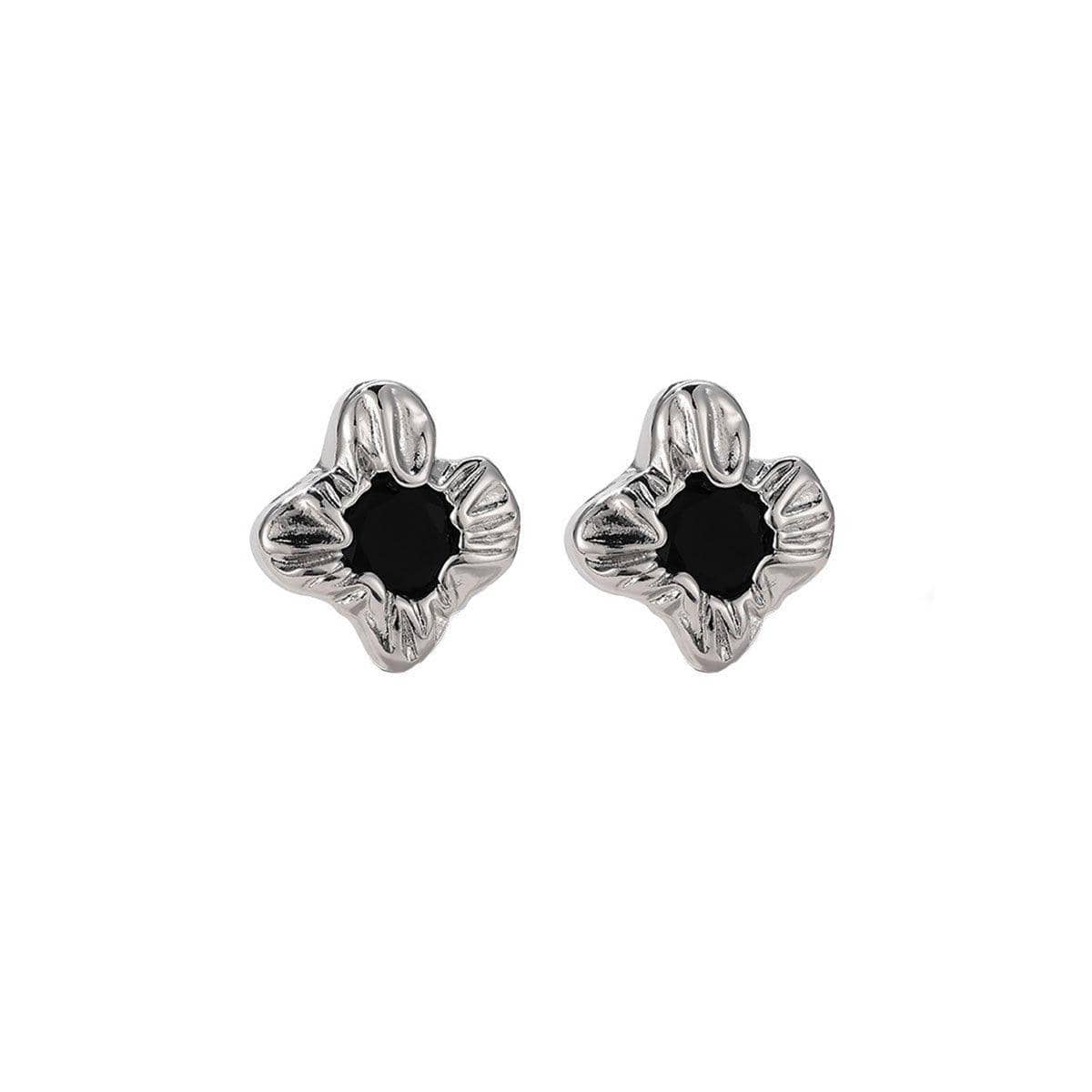 Vintage Stud Earrings for Women - Silver-Tone Flower with Black Stone
