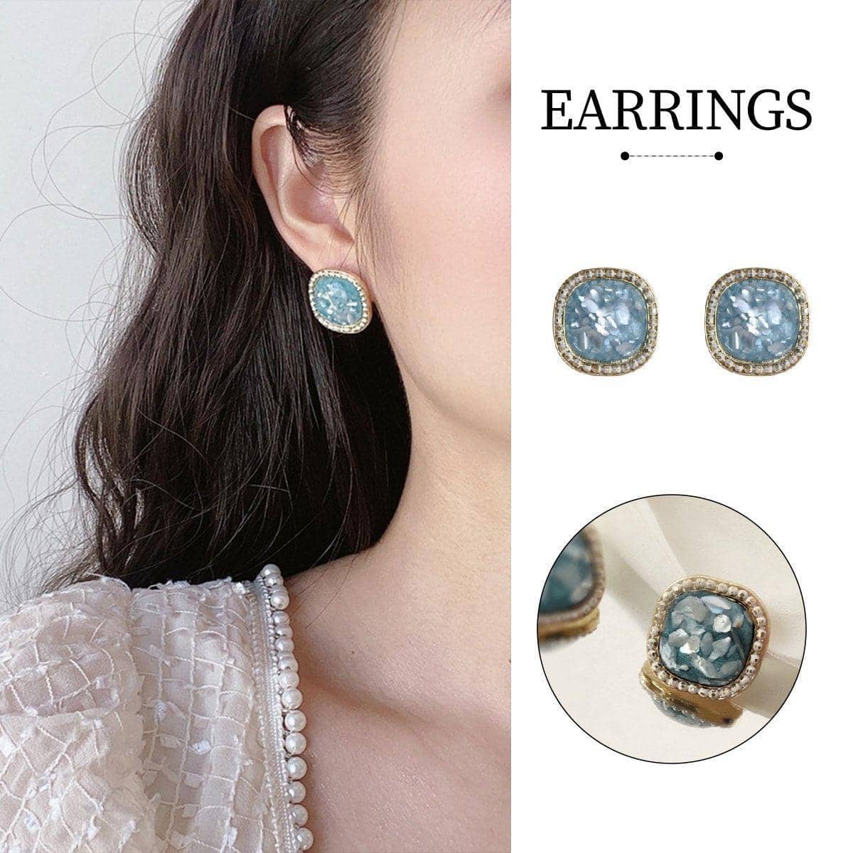 Vintage Teal Square Geometric Stud Earrings with Crushed Shell