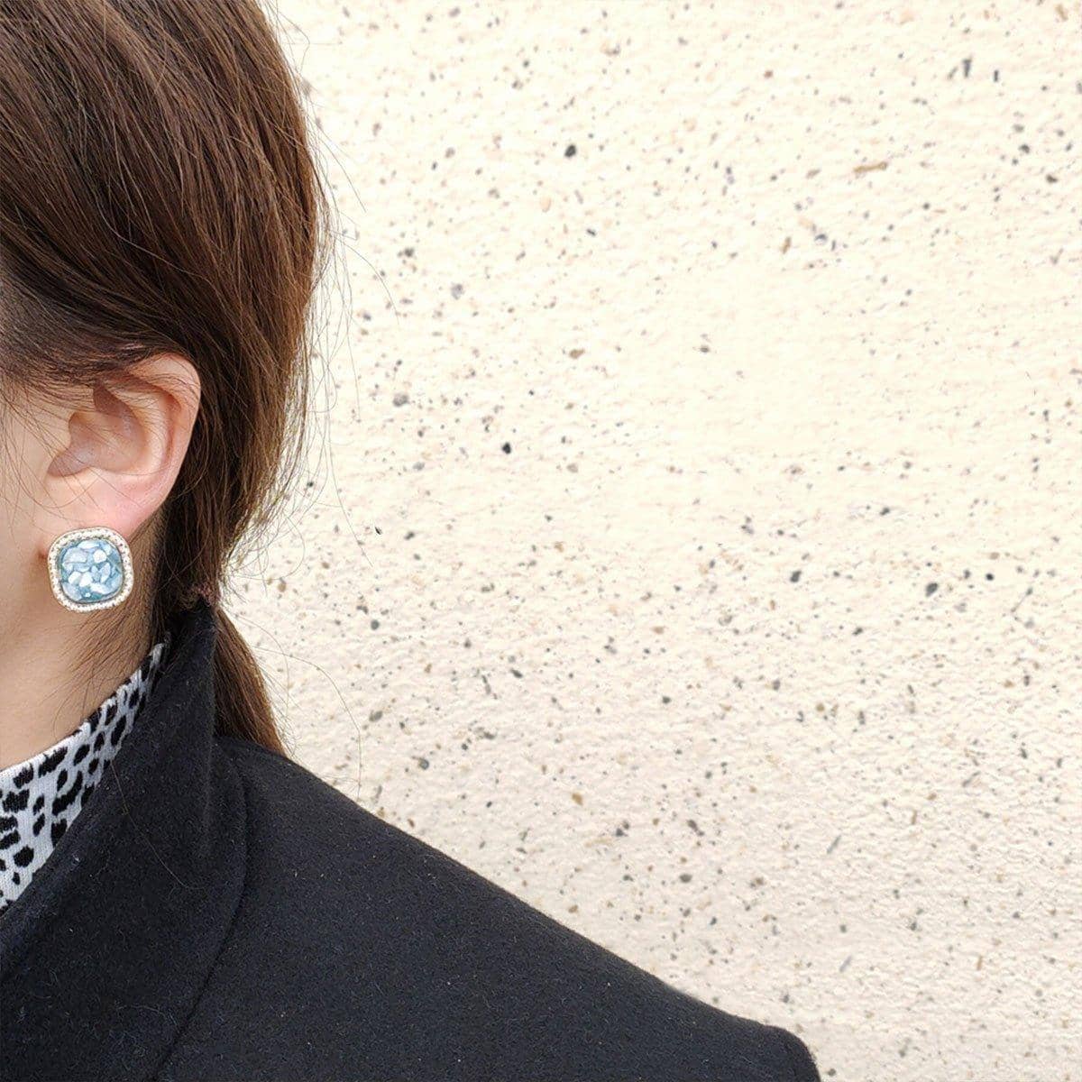 Vintage Teal Square Geometric Stud Earrings with Crushed Shell - view 4