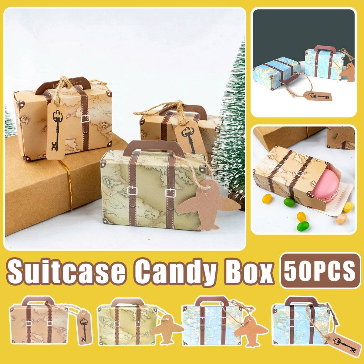 Vintage Travel Map Candy Boxes, Retro Suitcase Design - Blue, Pack of 50 - view 2