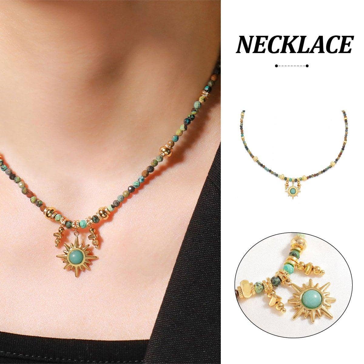Vintage Turquoise Sun Pendant Beaded Necklace for Women