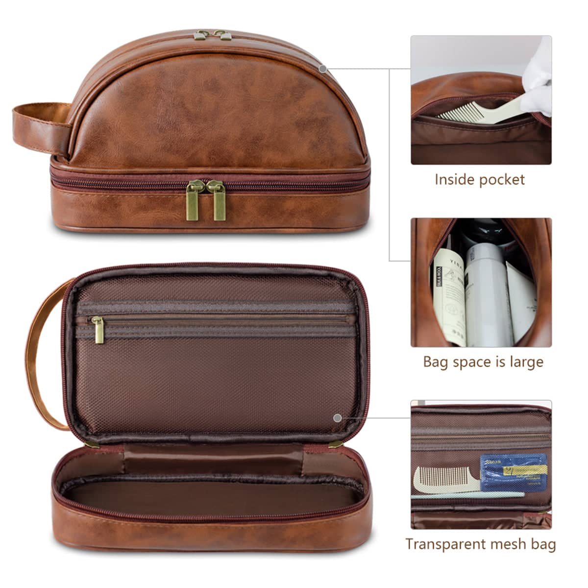 Vintage Waterproof Toiletry Bag with PU Leather Exterior for Travel and Daily Use - Brown - view 5