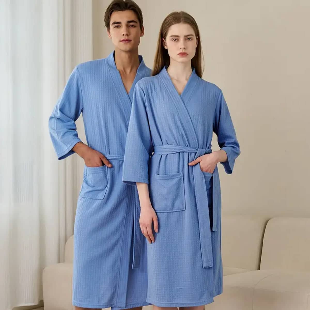 Waffle Spring Summer Couple Bathrobe Men Women Bath Gown Breathable - XXXL, Blue - view 5