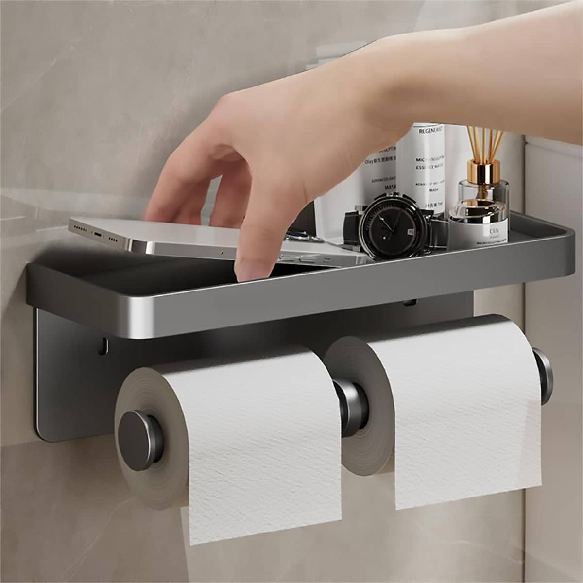 Wall Mounted Double Toilet Paper Holder with Shelf - Dark Grey - view 5