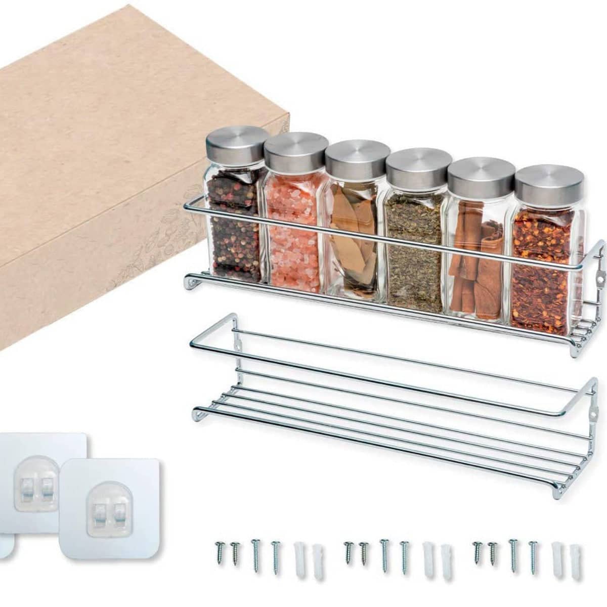 Wall Mounted Spice Rack for Inside Cupboard, Carbon Steel - Silver, Pack of 2
