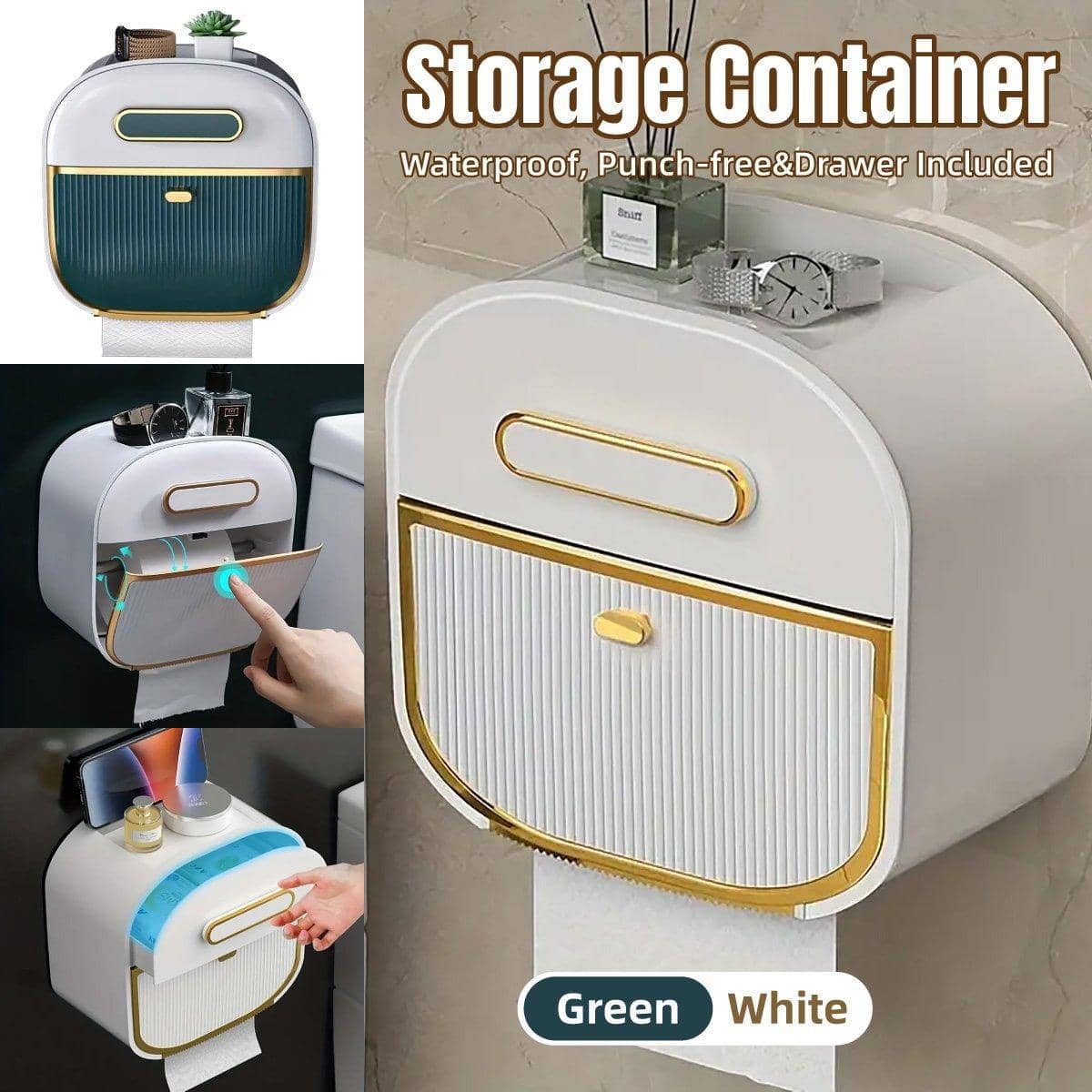 Wall-Mounted Toilet Paper Tissue Box with Storage Shelf - Green - view 2