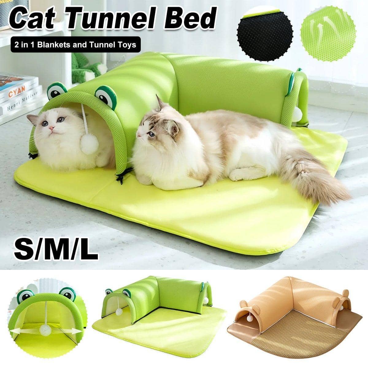 Washable Cat Tunnel Bed with Dangling Toy - Green, Small (50 x 50 cm) - view 2