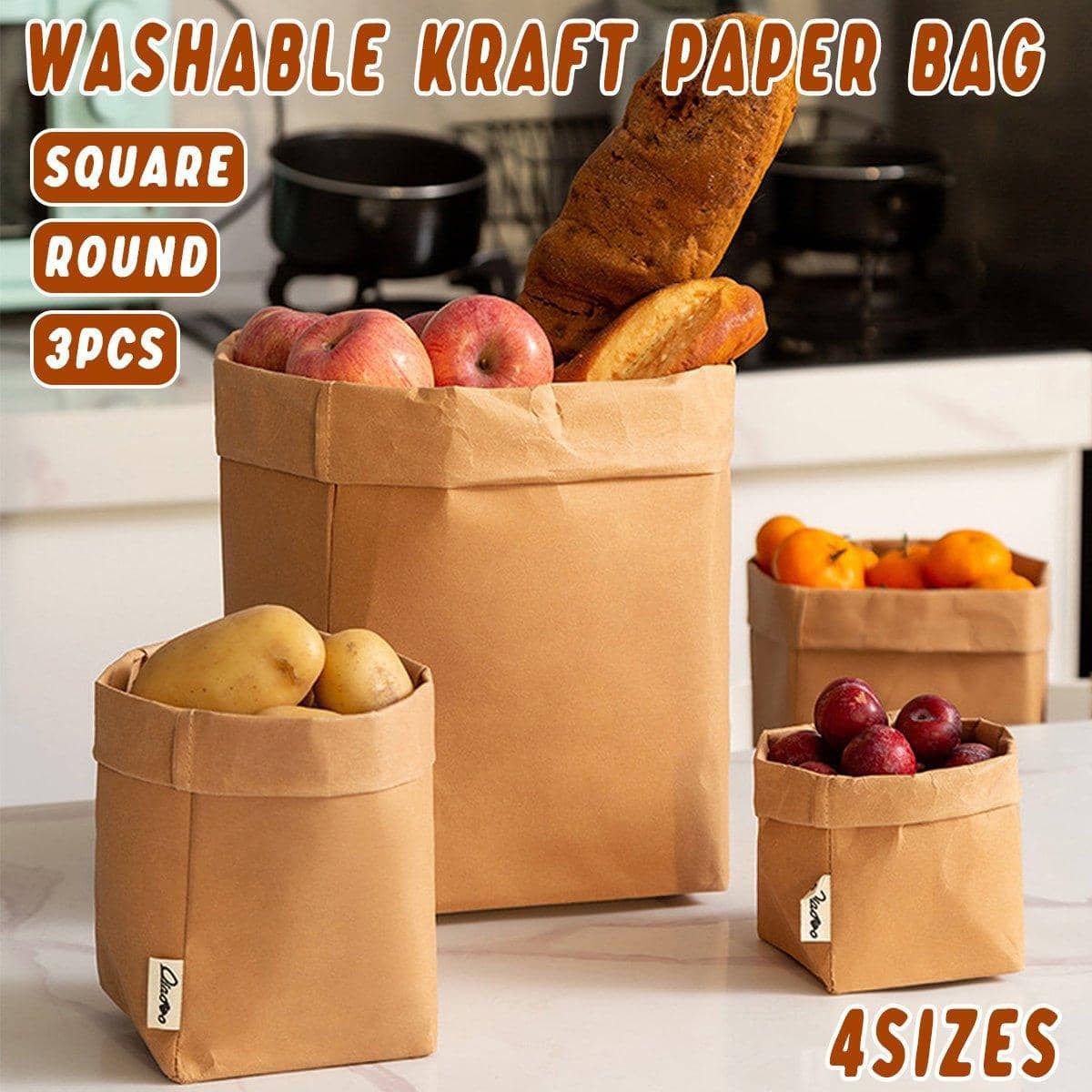 Washable Kraft Paper Storage Bags - Extra Large Square, 20 x 35 cm, 3 Pack - view 2