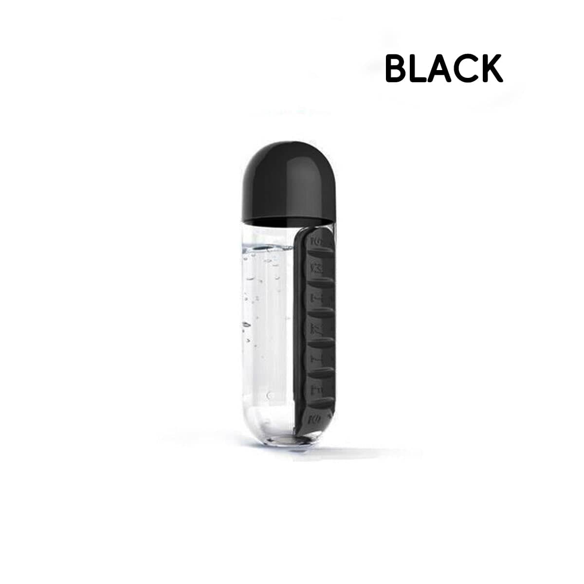 Water Bottle with Built-In 7 Day Pill Organiser, 600ml - Black