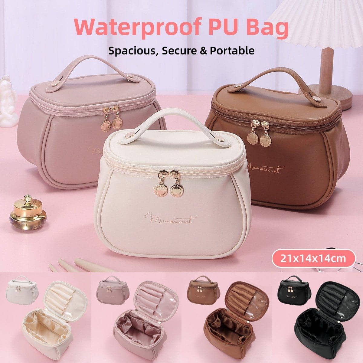Waterproof Faux Leather Makeup Organiser Bag - Pink - view 2