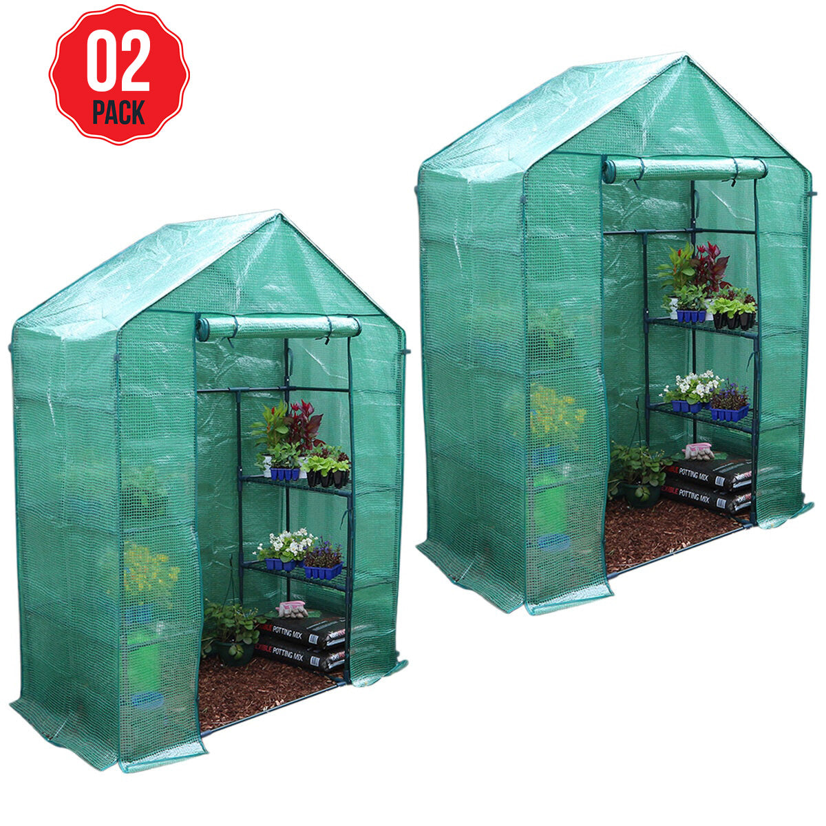 Greenlife Walk-in Greenhouse 2 Tier Twin Pack With PE Cover 195 x 143 x 73 cm - SuperSaverAU - view 1