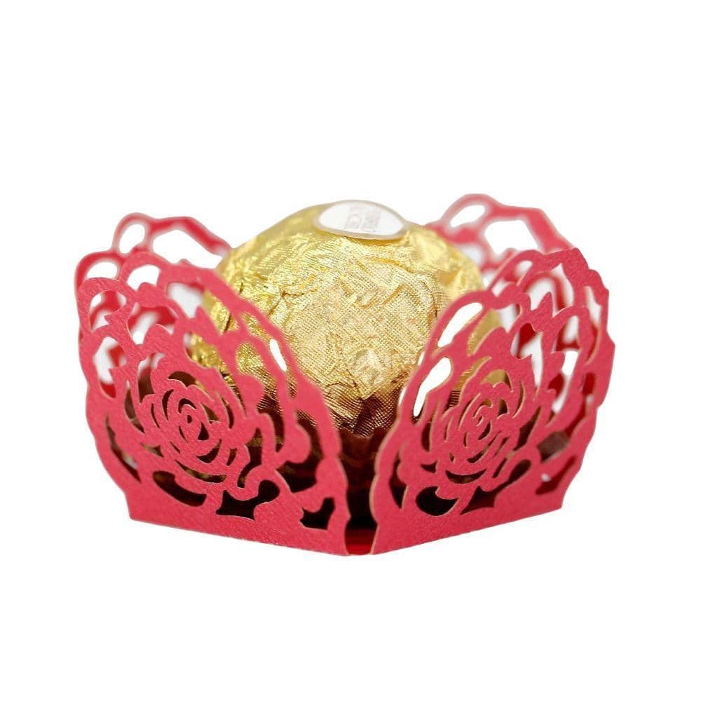 Wedding Candy Chocolate Boxes Hollow Rose Lace, Pack of 50 - Red