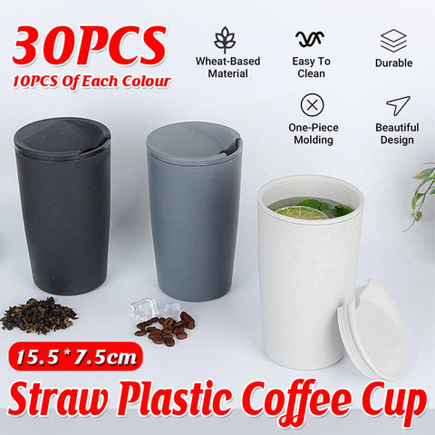 Wheat Straw Coffee Cups with Lids for Cold Drinks, Pack of 30, Black, Grey and White