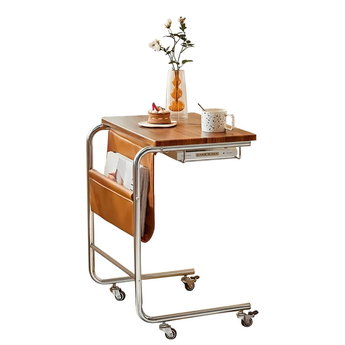 Wheeled Mobile Desk Side Table for Home Office with Lockable Wheels and Storage Pocket - view 2