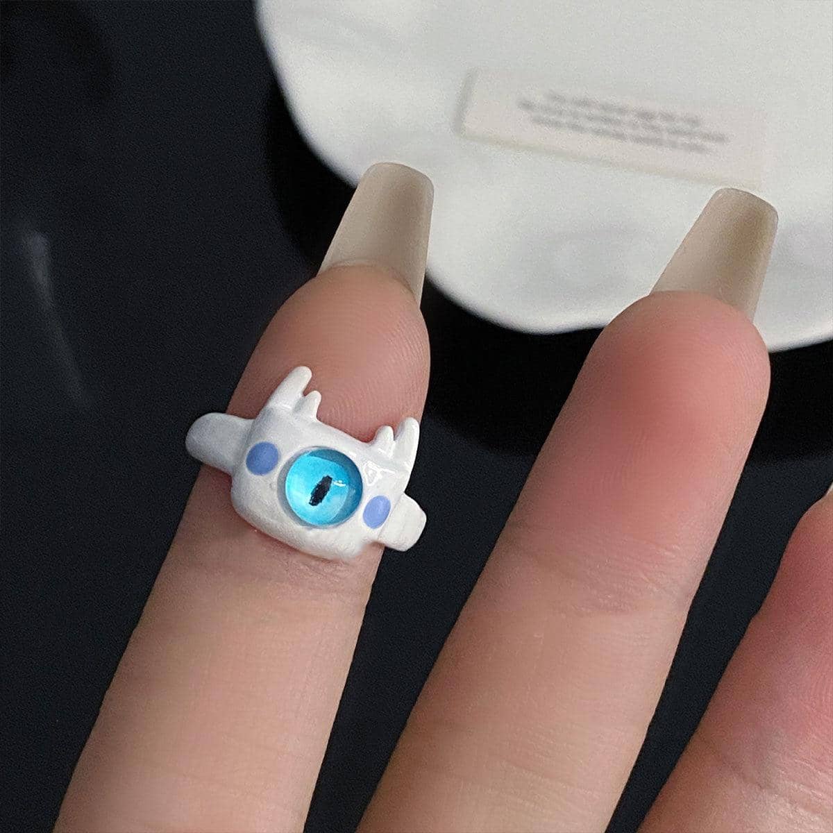 White Monster Eye Open Ring with Blue Eye - view 4