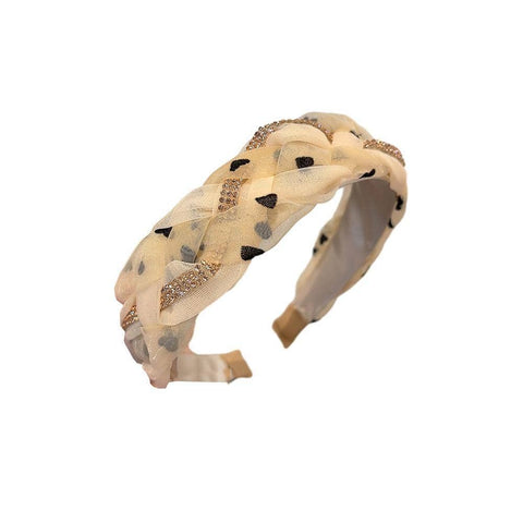 Wide Braided Net Yarn Headband with Diamond Detail - Cream, Black Heart Pattern