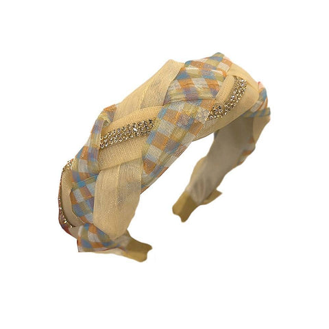 Wide Braided Net Yarn Headband with Diamond Detail - Cream, Blue and Orange Plaid