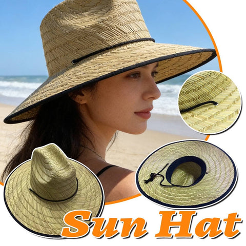 Wide Brim Braided Straw Sun Hat with Chin Strap, Beach Sun Protection for Summer
