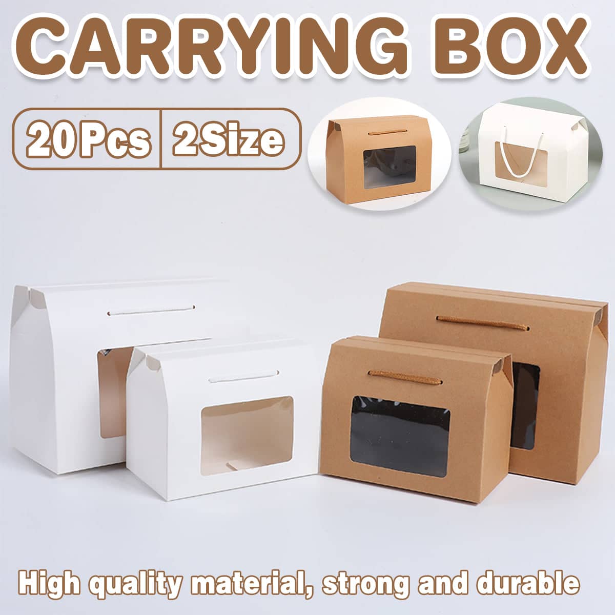 Window Gift Boxes with Handles, Pack of 20 - Brown, Small (15 x 9 x 11 cm) - view 2