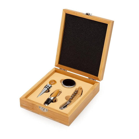Wine Opener Set, 4 Piece Stainless Steel - Natural Bamboo Box