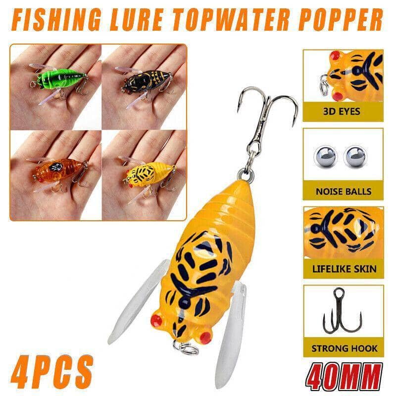 Winged Cicada Topwater Popper Fishing Lure for Bream and Bass, 40 mm, Pack of 4