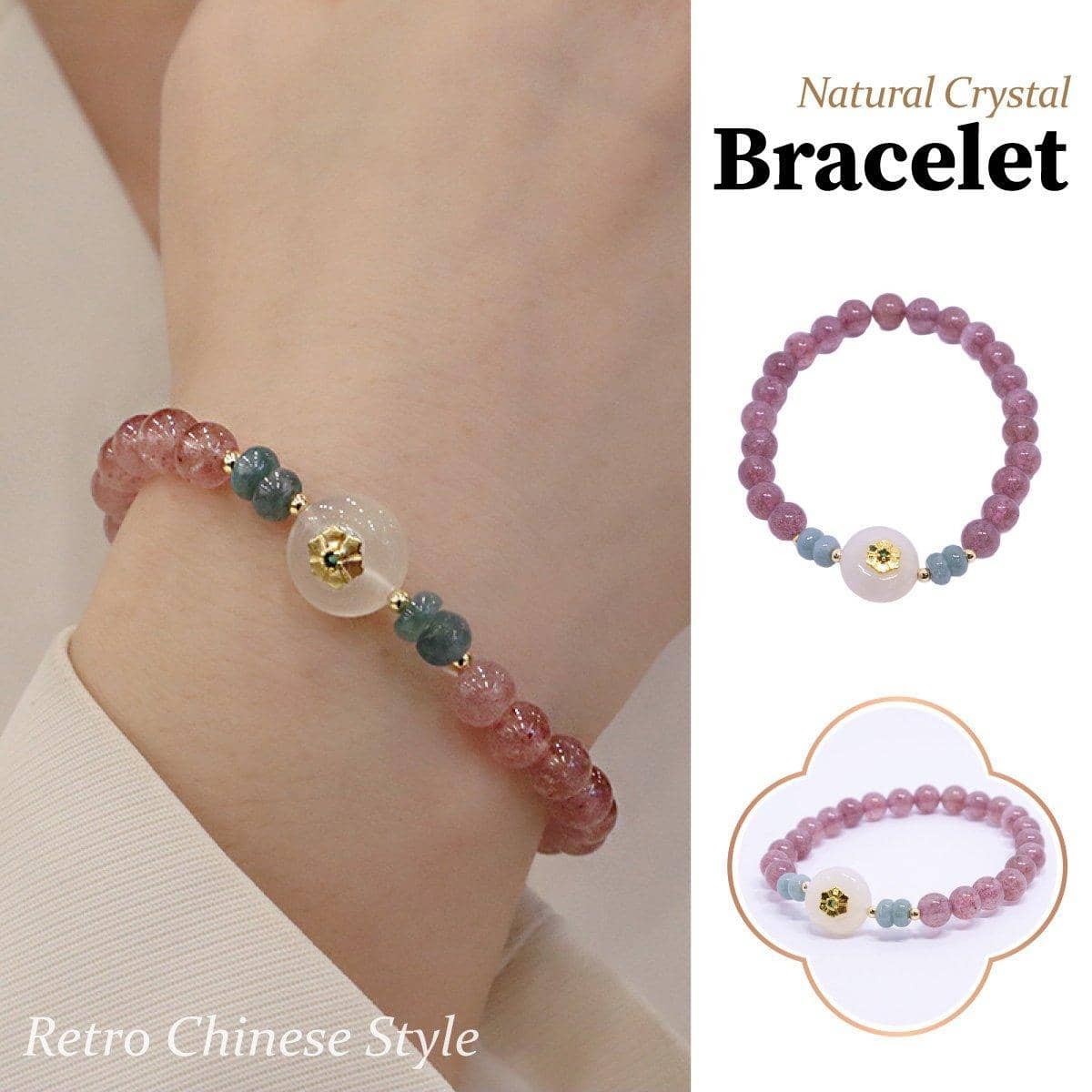 Women's Natural Strawberry Crystal Bracelet with Gold Flower Centrepiece