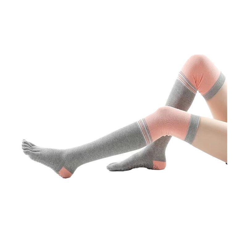 Women's Pilates Grip Socks, Anti-Slip Yoga Socks - Long Pink Light Grey - view 15