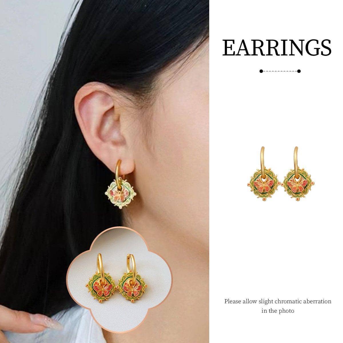 Women's Retro Butterfly Drop Earrings with Green and Red Oil Drop Detail
