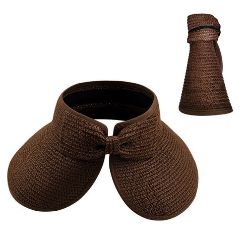 Women's Roll-Up Straw Sun Visor Hat with Bow - Dark Brown