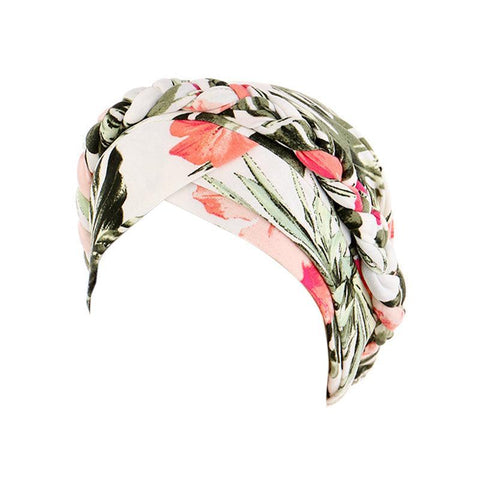 Women's Stretch Turban Hat with Braid Design - Beige Leaf Print