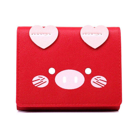 Women's Three-Fold Short Wallet, Pig Face Design - Red