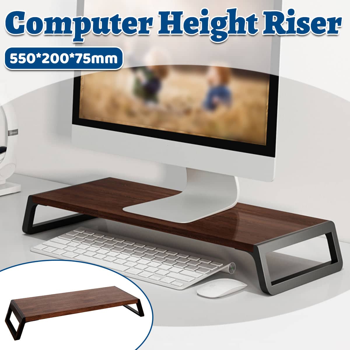 Wood and Metal Desktop Monitor Stand Riser with Hidden Storage for Home Office