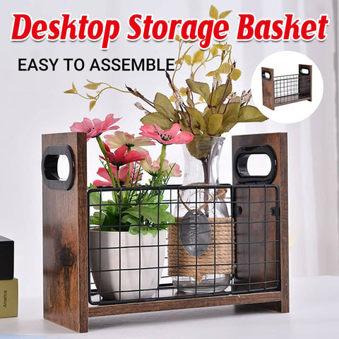 Wooden Desktop Storage Basket with Wire Grid - Rustic 29 x 12 x 23 cm