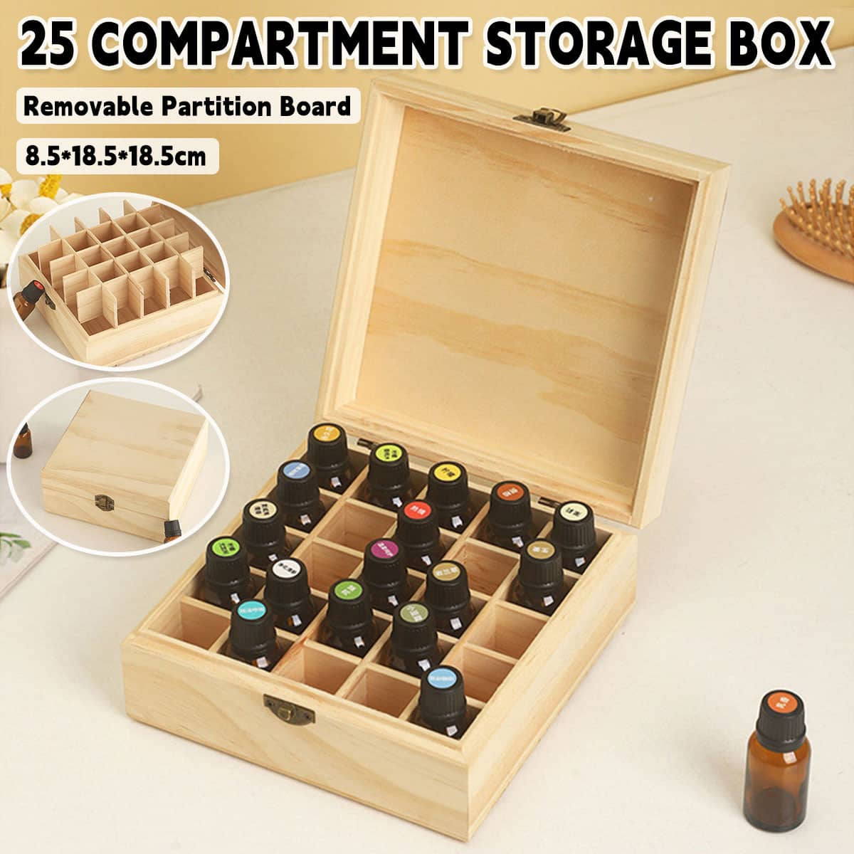 Wooden Essential Oil Storage Box with 25 Compartments and Metal Latch