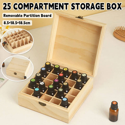 Wooden Essential Oil Storage Box with 25 Compartments and Metal Latch