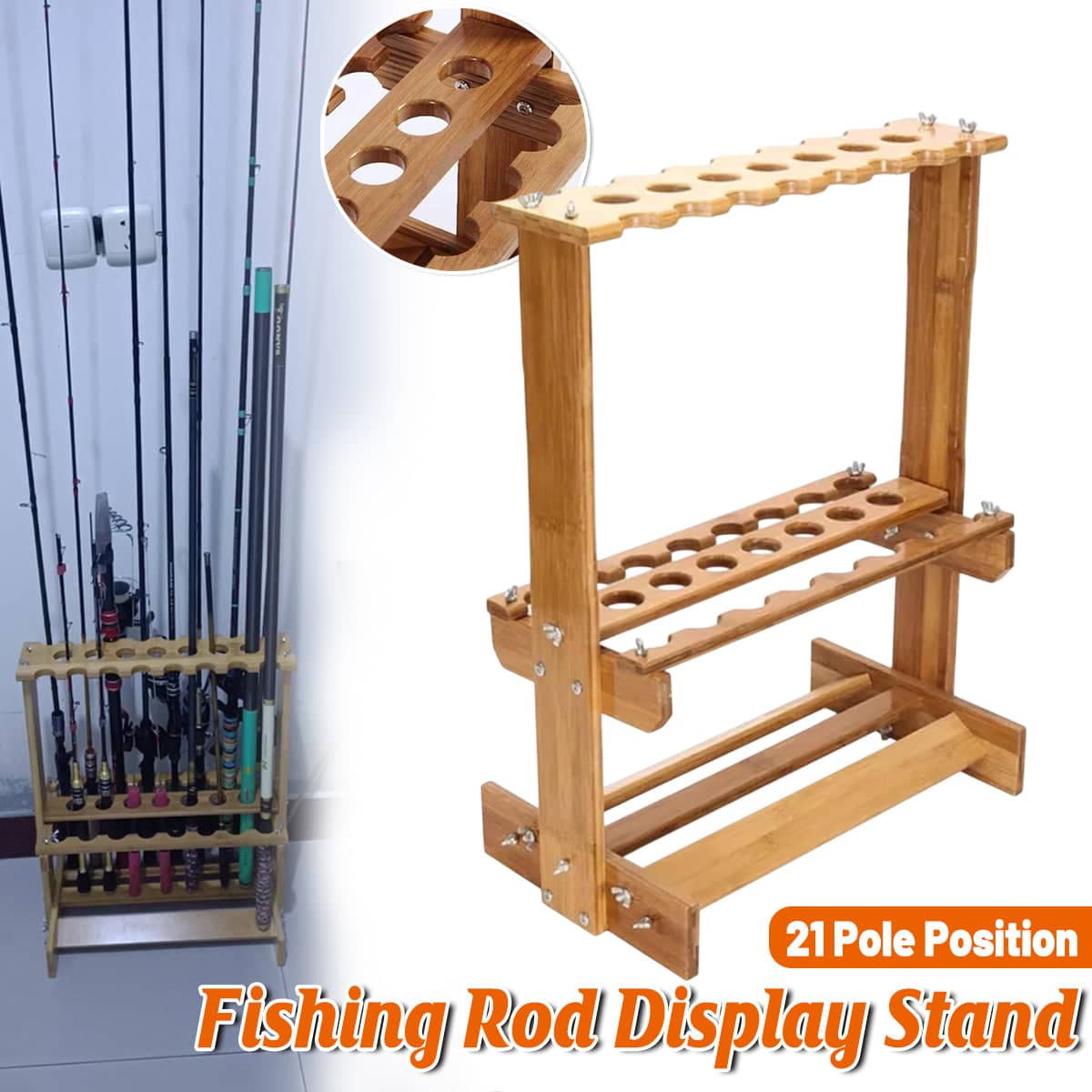 Wooden Fishing Rod Display Rack, Bamboo Storage Stand for 21 Rods, Garage and Shop Organiser