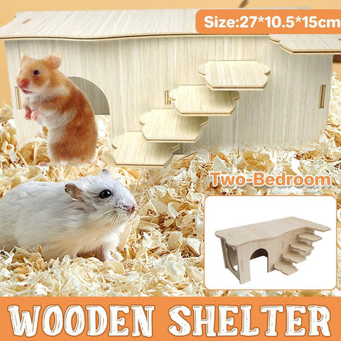 Wooden Hamster Maze House with Two Rooms and Platform for Small Pets