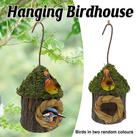 Wooden Hanging Birdhouse with Moss Roof for Small Birds